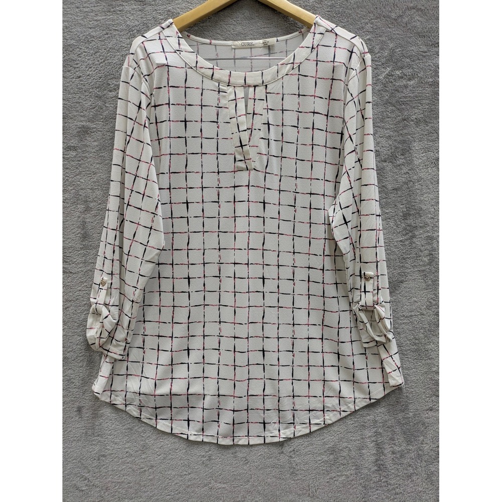Professional Grid Print Blouse Women 3XL Roll Tab Sleeve V-Neck CURE